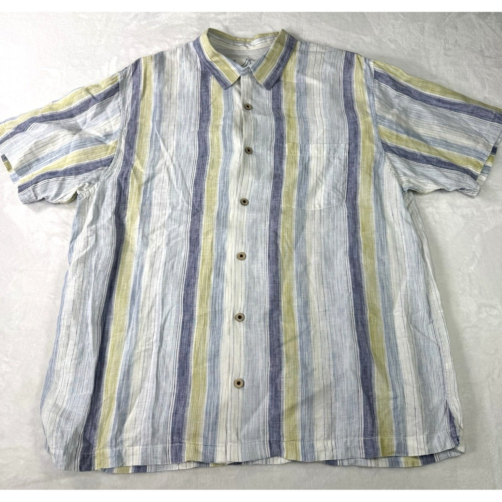 Tommy‎ Bahama Shirt Mens 2XL 100% Linen Short Sleeve Blue Striped